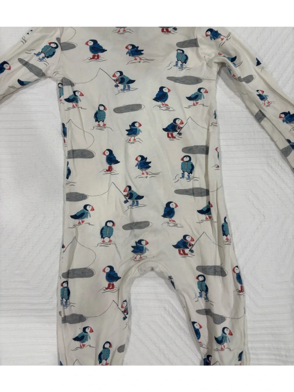Magnetic Me Cream Puffin Print Footed One-Piece Pajamas with Blue Trim